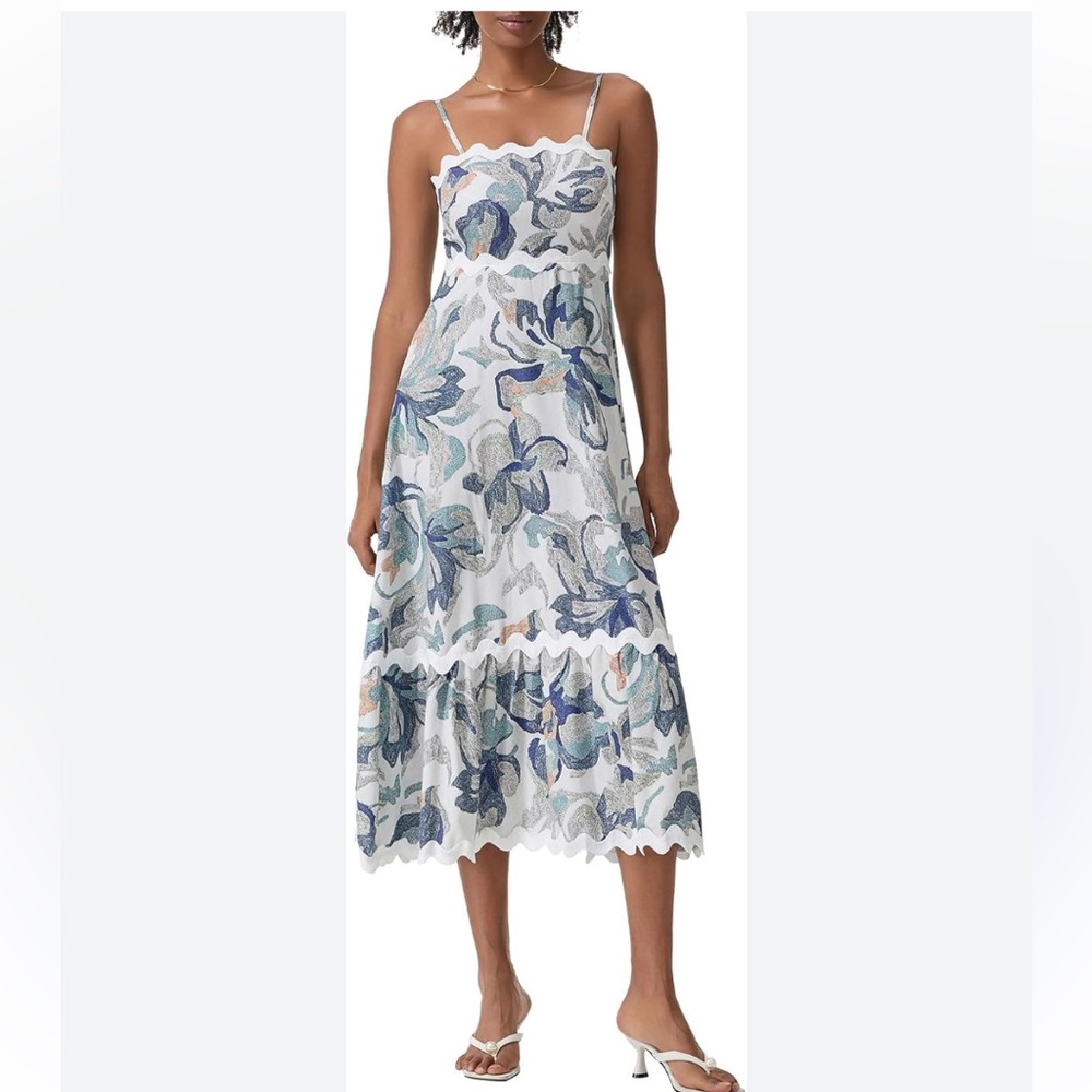 AMAZON Blue & White Floral Ricrac Detail Smocked Back A Line Midi Dress M NWOT